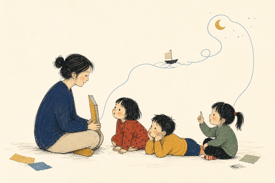 老师和三个孩子围坐听英文绘本，孩子的注意力随着蓝色故事线进入想象