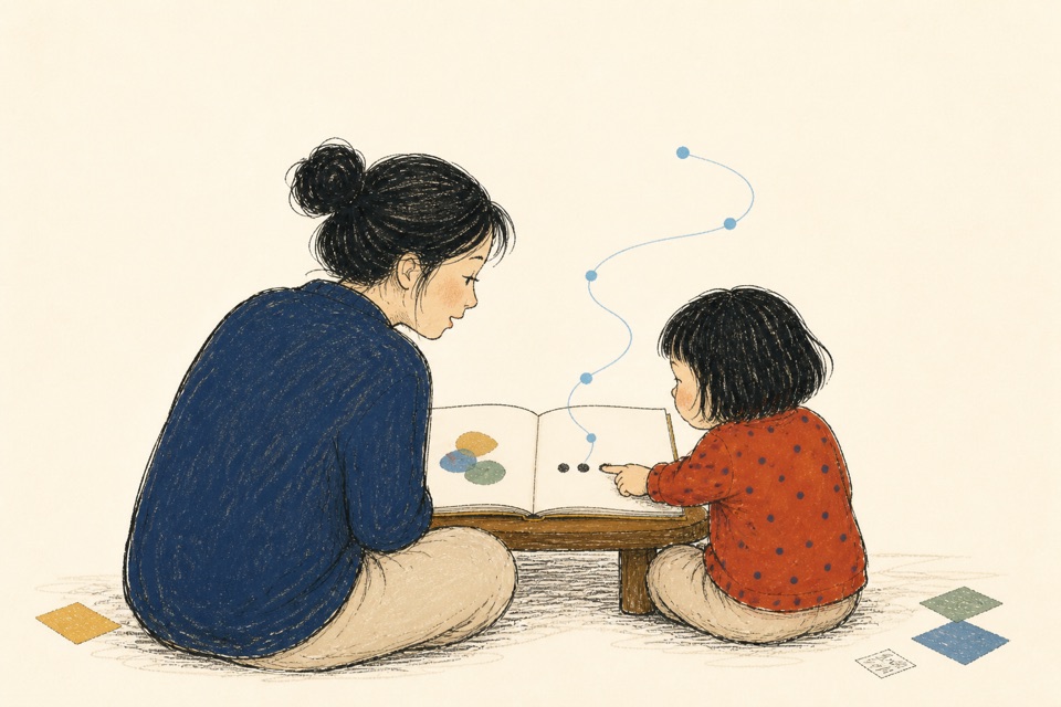 老师和孩子同向看书，声音化成蓝色圆点落到文字上